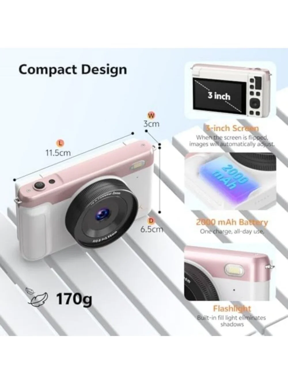 4K Digital Camera for Photography, Flip Screen, WiFi, Compact & Stylish Pink